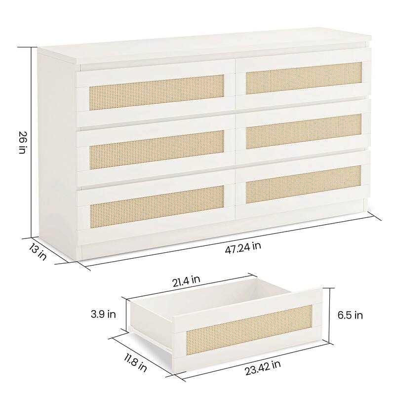 Modern Rattan 6-Drawer Dresser for Bedroom - Slim Wooden Chest of Drawers, Durable Freestanding Storage Organizer