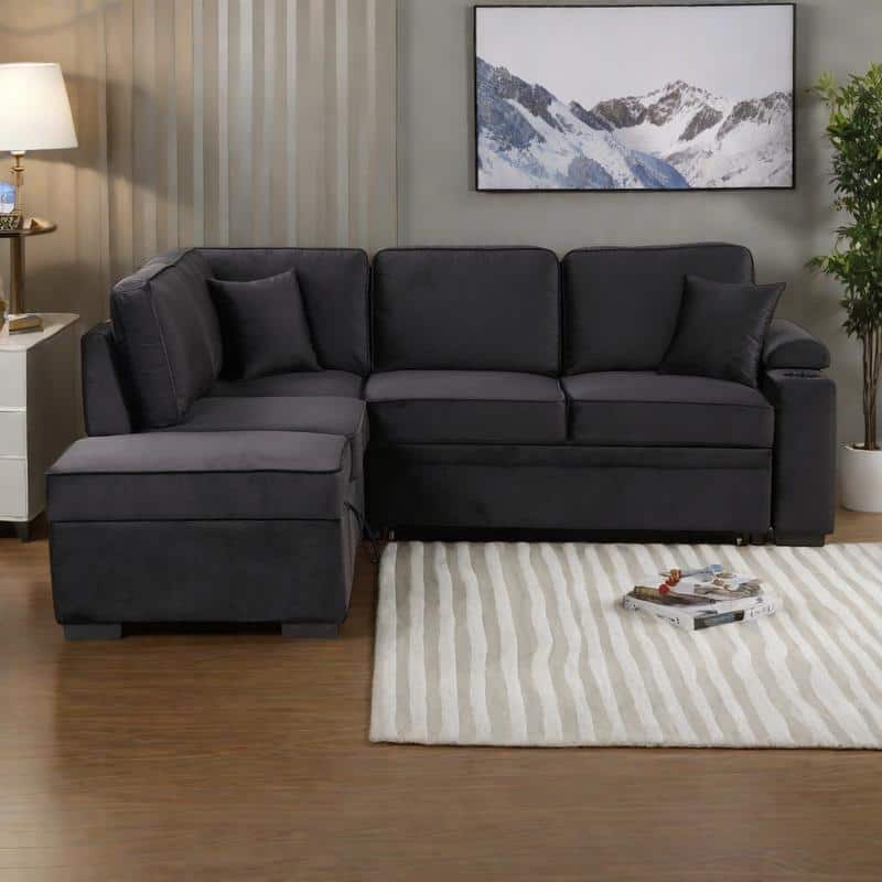 84.75" Velvet Convertible L-Shaped Sleeper Sofa with Storage Ottoman