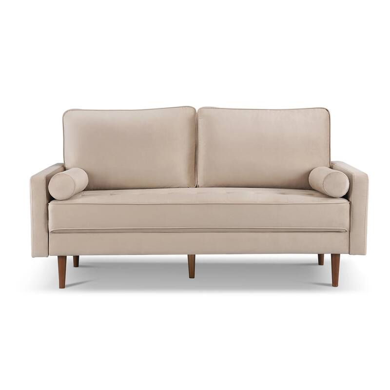 HomeRoots 69" Beige Velvet Sofa And Toss Pillows With Dark Brown Legs - 69