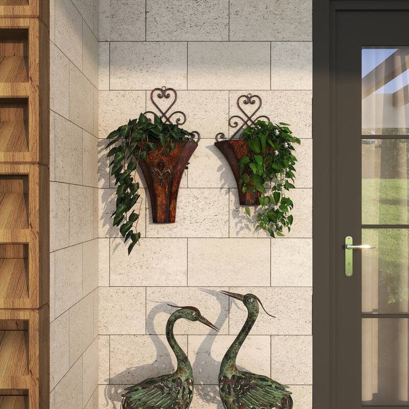 Brown Metal Indoor Outdoor Weathered Hanging Scroll Indoor Outdoor Wall Planter with Fleur-De-Lis Accent (Set of 2)