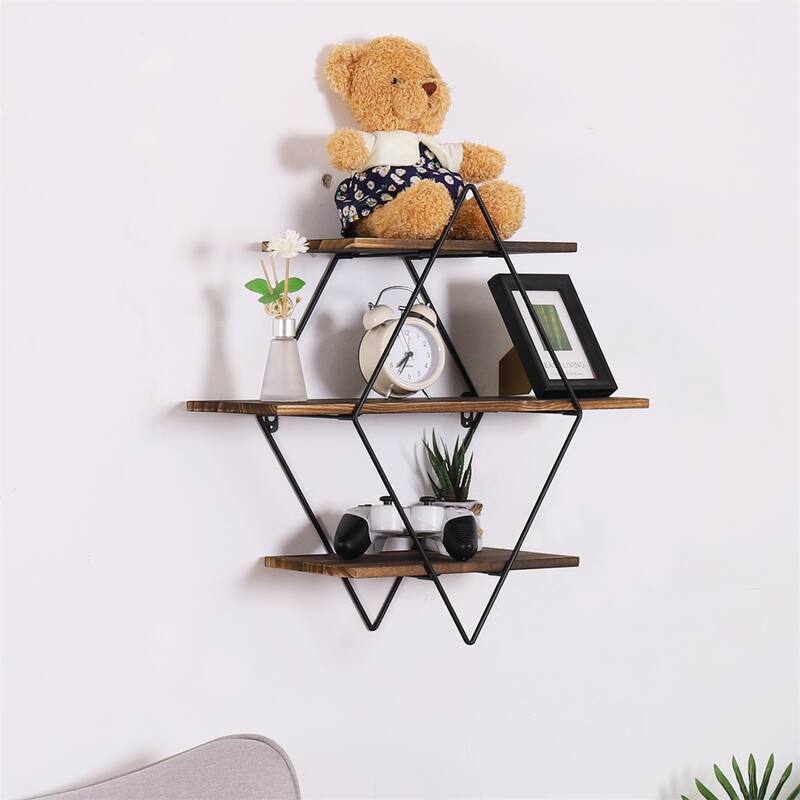 Floating Wall Mounted Display Shelf 3 Tiered Wooden Shelves Black Frame Shelving