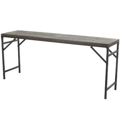 Teak Wood Long Console Table with Black Metal Legs - Dark Brown - Roche River Decor