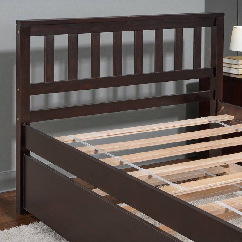Twin Size Wooden Platform Bed with Trundle, Headboard and Footboard, Space-Saving Design for Guest or Small Bedroom