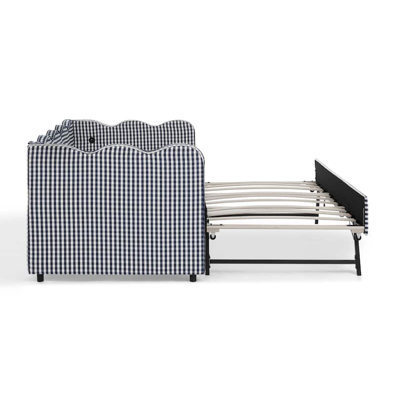 Linen Fabric Gingham Daybed with Trundle, Twin Size Sofa Bed with USB Port and Adorable Wave Shaped Headboard