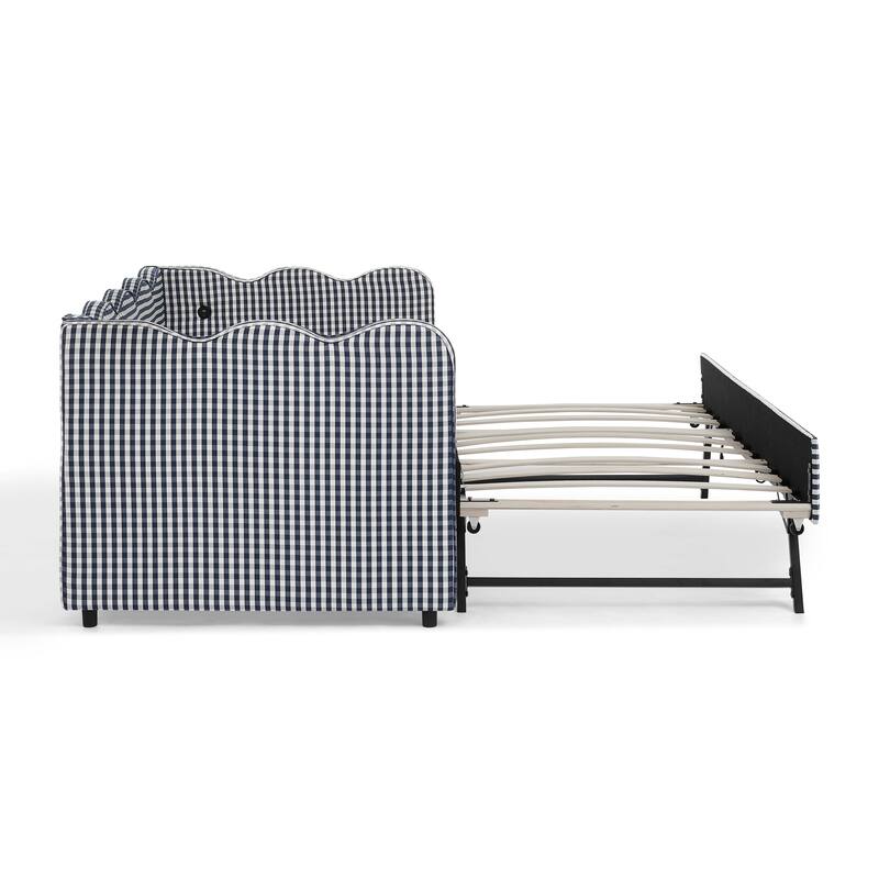 Twin Size Gingham Daybed Upholstered Sofa Bed with Trundle, Wave Shaped Armrest & Backrest, USB Port, No Box Spring Needed
