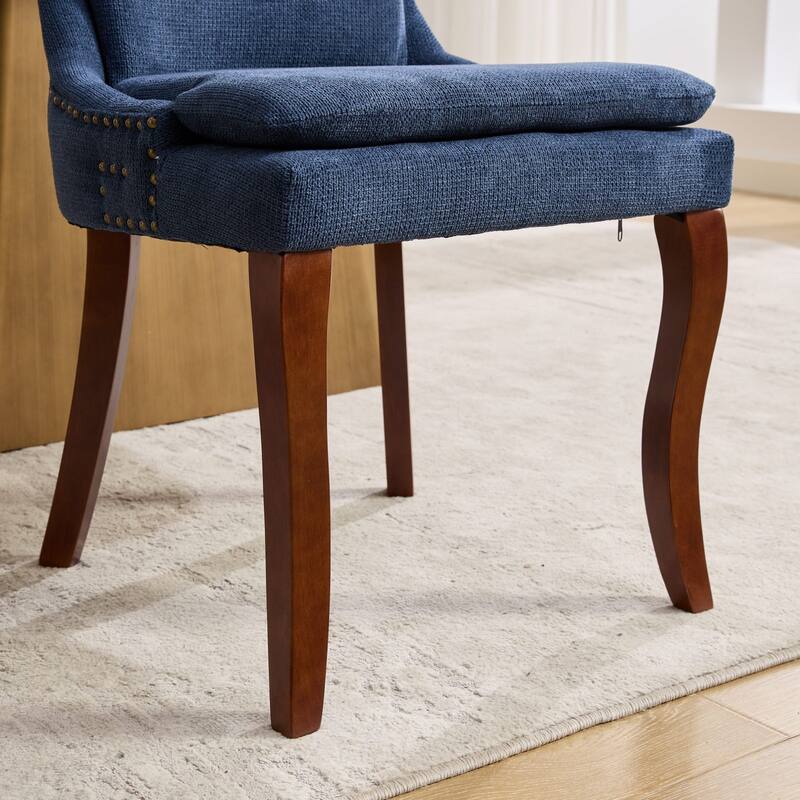 Double-layer Cushioned Dining Chairs Set of 2 Chenille Mid-Back Chair with Nailhead Trim Side Chair with Bent Wood Legs