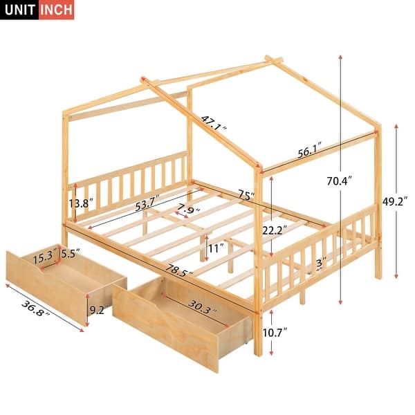 dimension image slide 0 of 2, Natural Full Size House Platform Bed with Two Functional Drawers