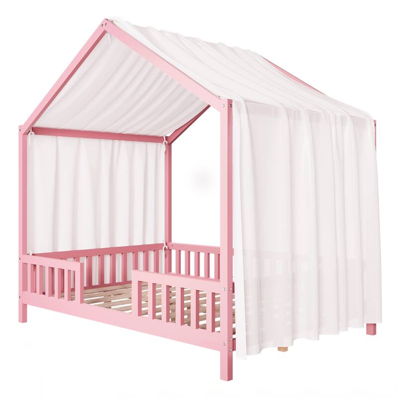 Montessori Floor Bed with Canopy, Full Bed Frame for Kids, House Shape Toddler Bed Frame with High Railings