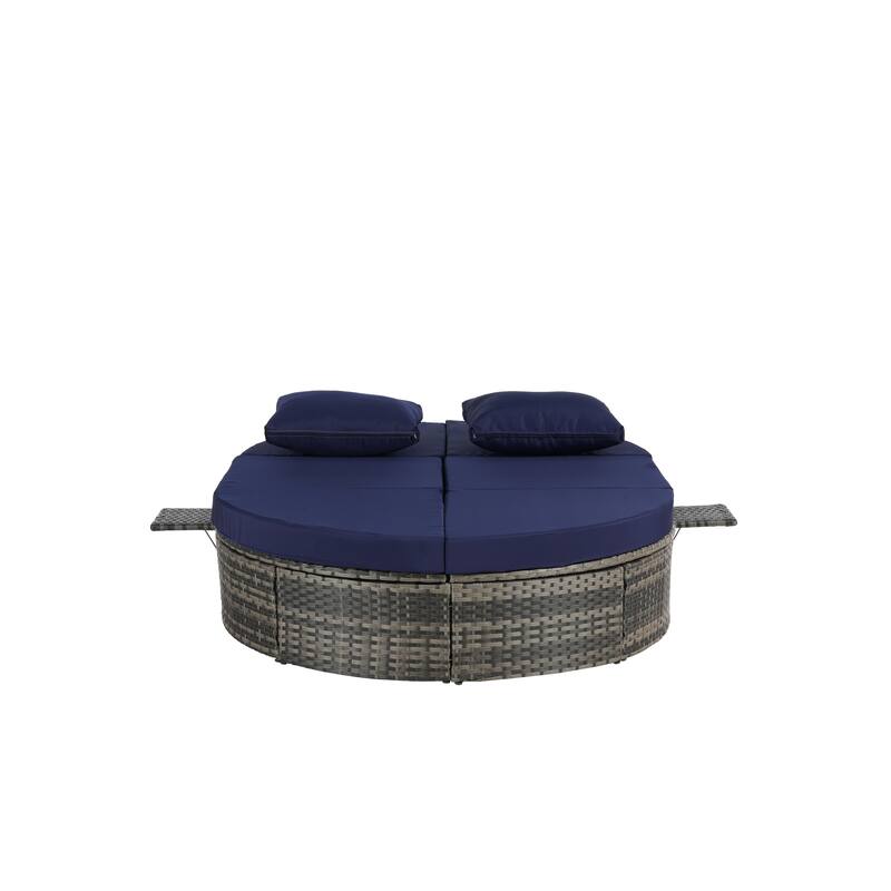 Outdoor Patio Rattan Round Daybed Sunbed with Adjustable Backrests and Foldable Cup Trays
