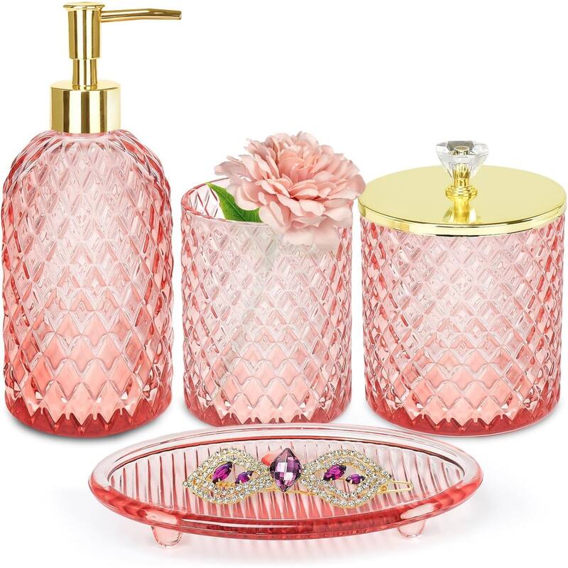 4-piece black bathroom accessories set with soap dispenser, toothbrush holder, medicine bottle, tray - Pink