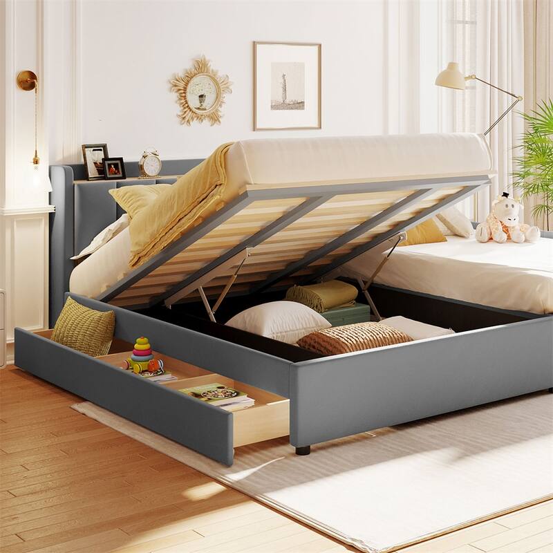 Queen Size Leather Upholstered Platform Bed with Drawer and Sockets
