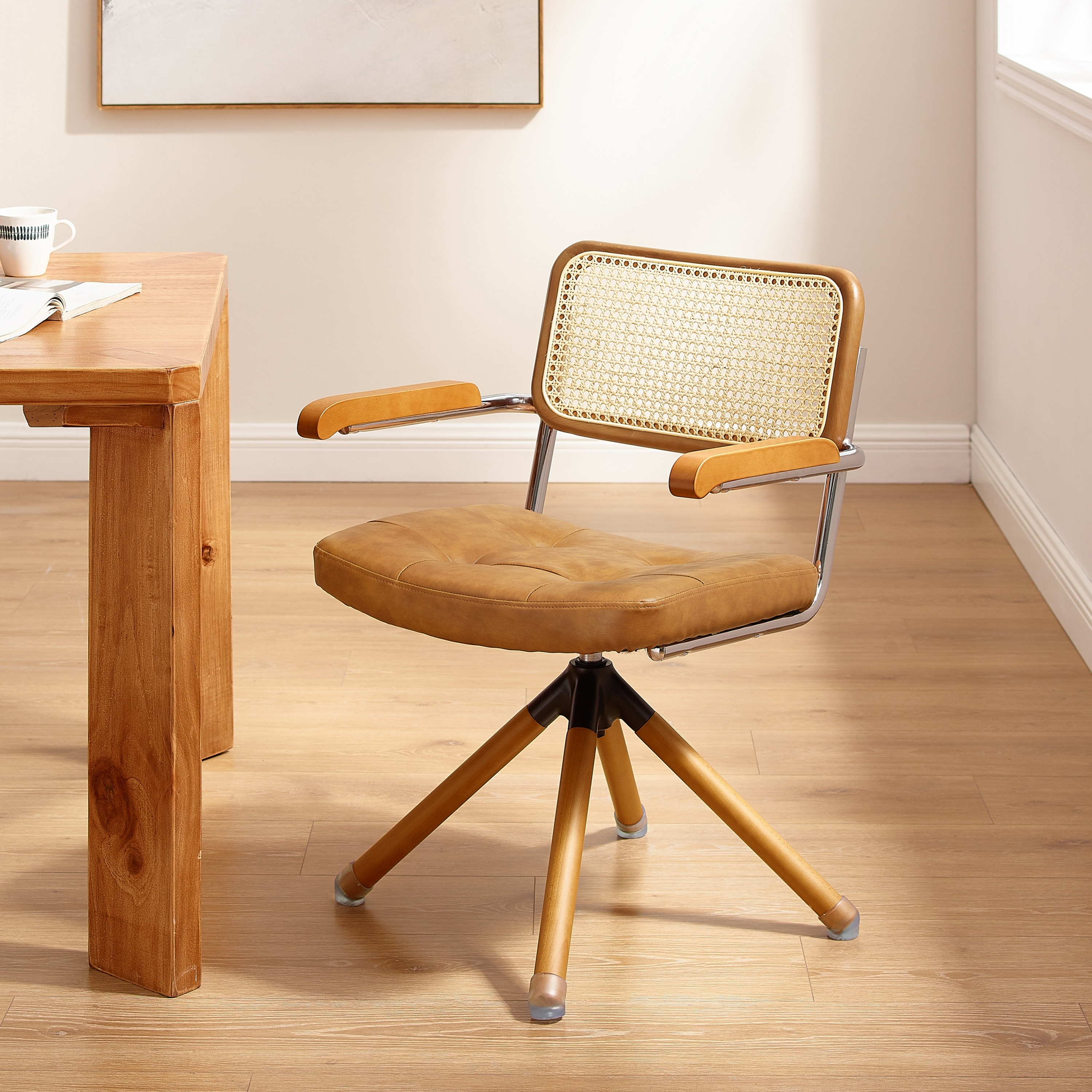 Art Leon Swivel PU Leather and Wooden Accent Chair