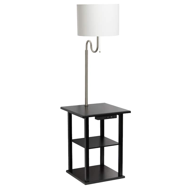 2 Tier End Table Floor Lamp with White Drum Shade - 57" - Black