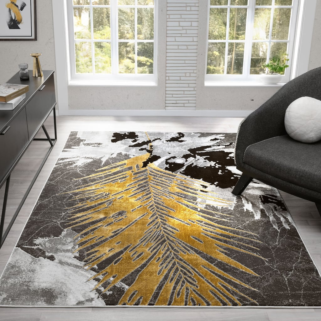 Mila Collection Botanical Dark Grey with Black and Gold Contemporary Area Rug