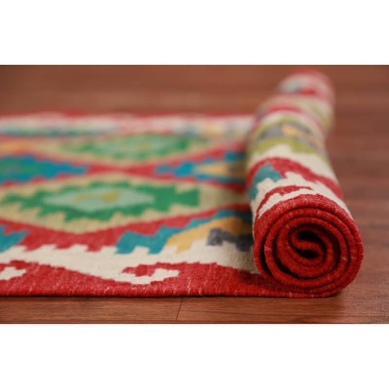 Hand Woven Oriental 100% Wool Carpet Southwestern All-Over Multi-Colored Kilim Runner Rug - 12' 10'' X 2' 9''