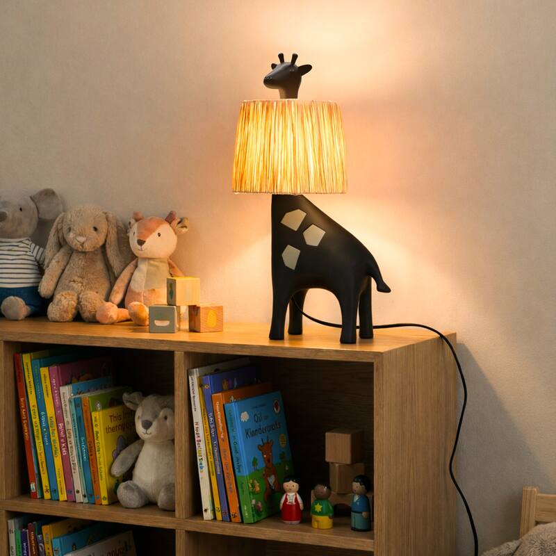 Giraffe Table Lamp with Handwoven Raffia Lampshade, LED Bedside Lamp with In-Line Switch, Resin Base