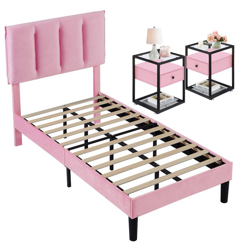 VECELO, Five Colors, 3-Pieces Tufted Upholstered Platform Bed Frame with Adjustable Height Headboard and Nightstands Set of 2