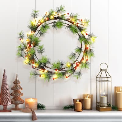 Puleo International 24" Pre-Lit Wreath with Glitter Accents