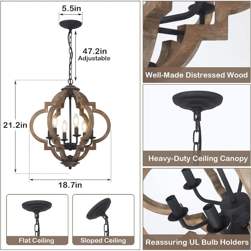Farmhouse Chandeliers for Dining Room, 6-Light Rustic Dining Room Light Fixture Over Table, Wood Black Hanging Pendant Lights