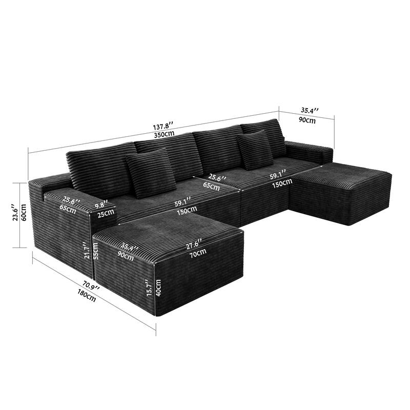 Modular Sectional Sofa with Chaise Lounge, Oversized Corduroy Upholstered 6 Seater Sofa, Full Compressed Boneless Couch