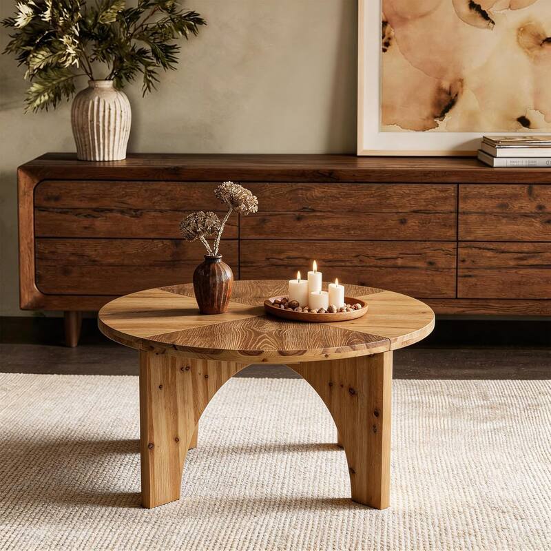 Solid End Table for Living Room, 23.6" Wood Side Table with Trapezoid Base - 31.49" L x 31.49" W x 19.68" H
