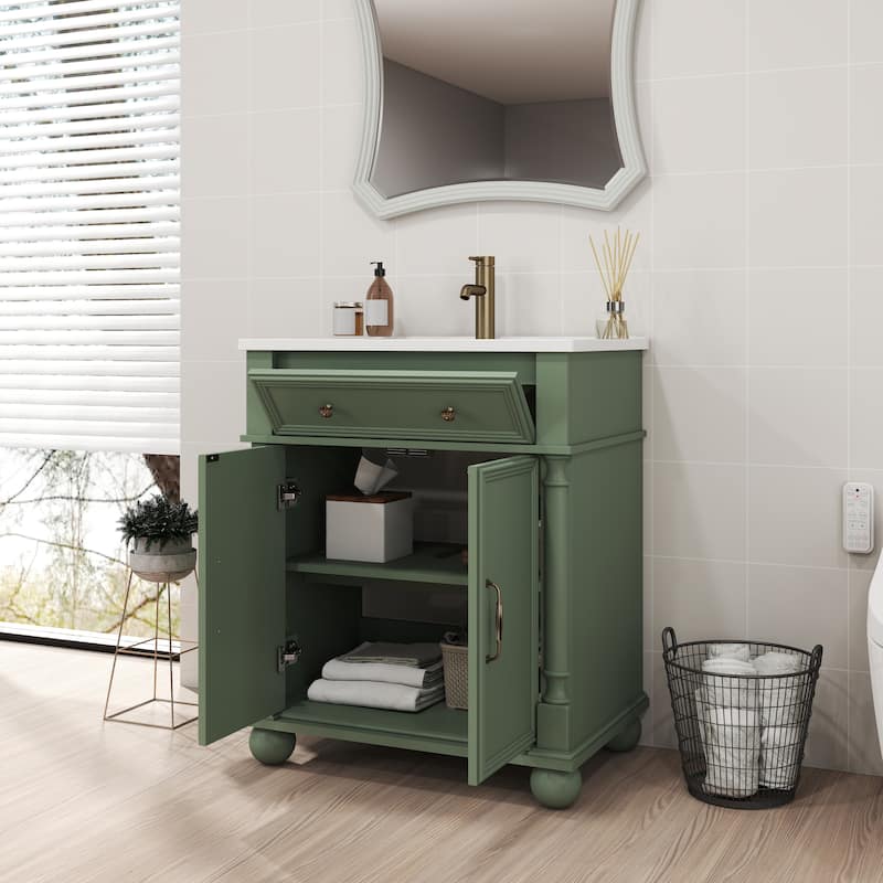 27.8-Inch Mid-Century Bathroom Vanity Sink with Roman Column Base, Farmhouse Freestanding Storage Cabinet