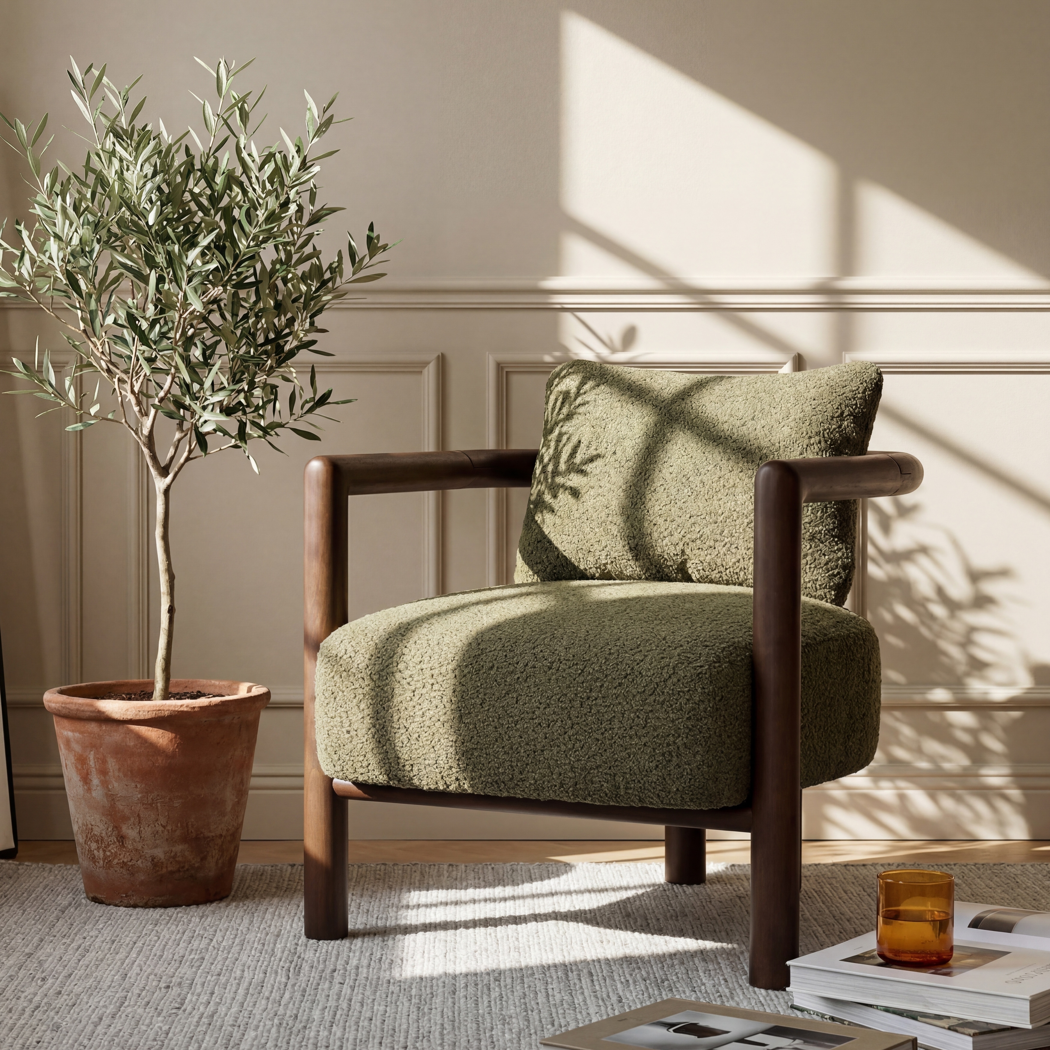 Christopher Knight Home - Accent Arm Chair Boucle Upholstered Chair with Rubber Wood Frame and Modern Contemporary Design