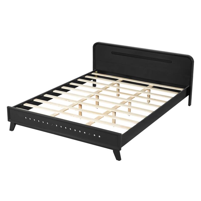 Rustic Pine Wood Bed Frame Low-Profile Platform Bed with Panel Headboard Solid Wood Slat Support and Extra Wide Thickened Legs