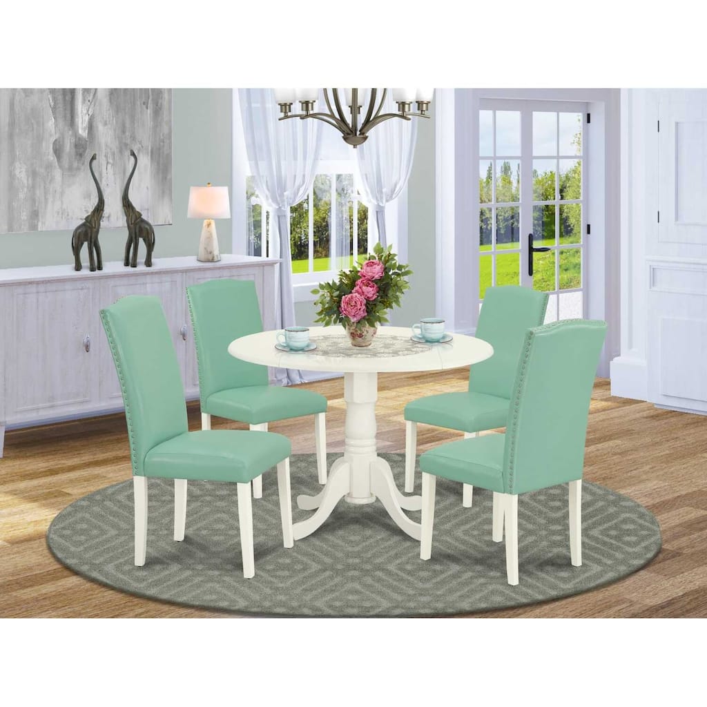 Round Kitchen Table Set 5pc 42" Table w/ Drop Leaves & 4 Chairs - Linen White Legs, Pond PU Leather