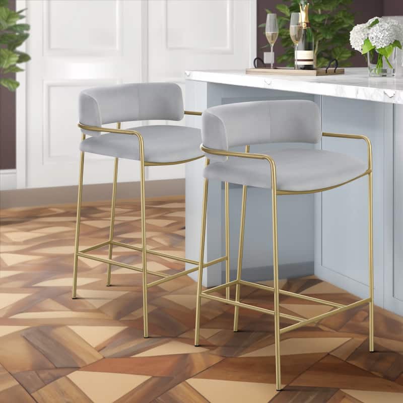 Lox 26 Inch Modern Counter Stool, Low Padded Back, Gray, Gold Metal Frame