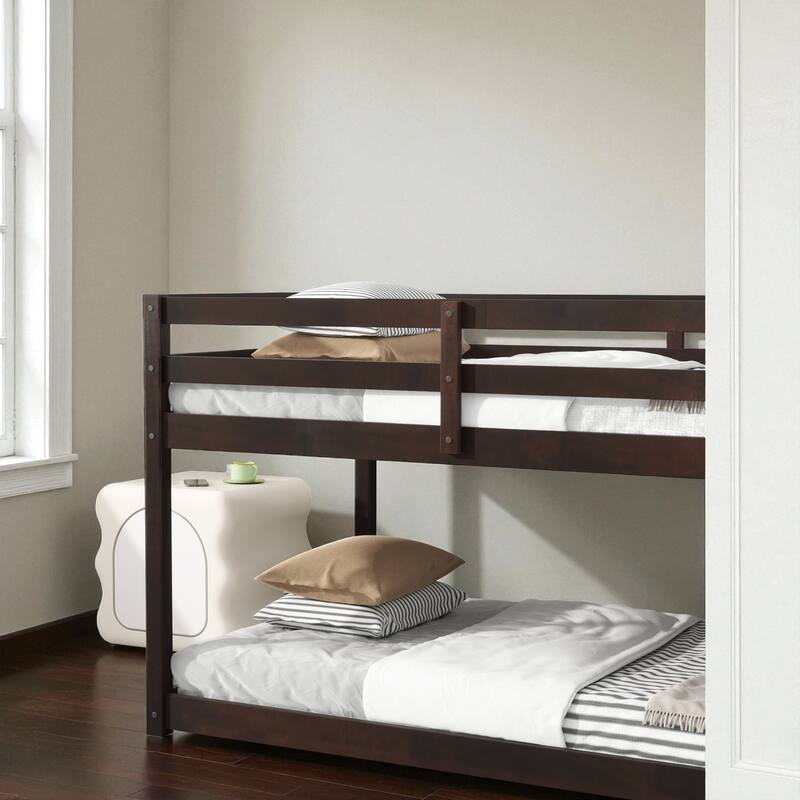 Solid Rubber Wood Twin Over Twin Floor Bunk Bed with Ladder, Low Height Design and Strengthened Slat Support