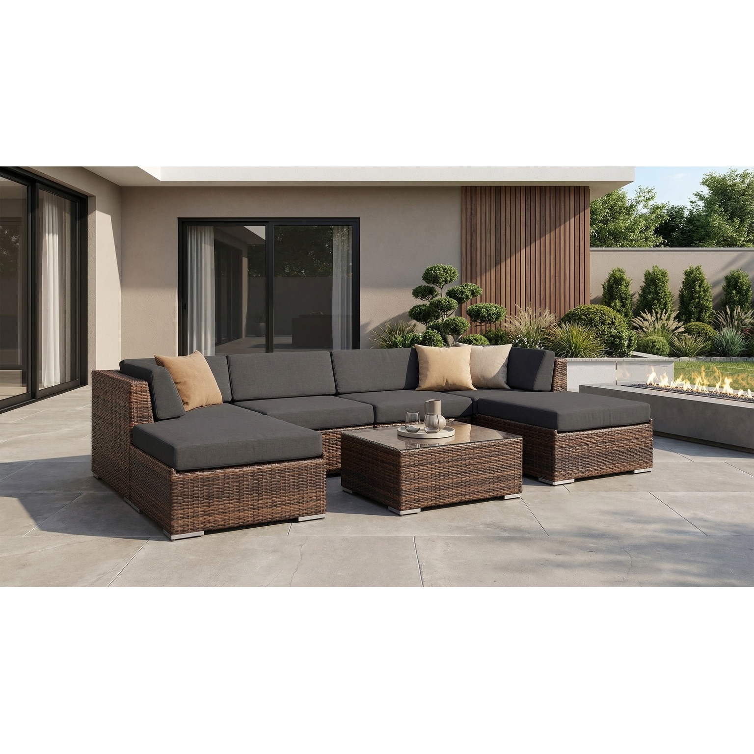 Ohana Outdoor Patio 7-piece Mixed Brown Wicker Conversation Set - No Assembly