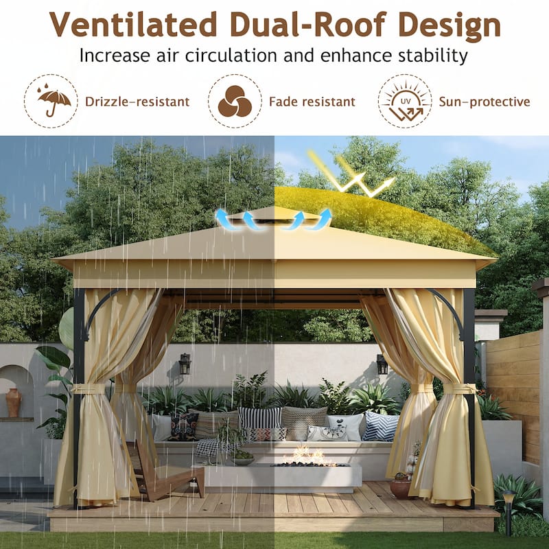 10x12 Outdoor Gazebo Tent with Double Roofs(Beige)