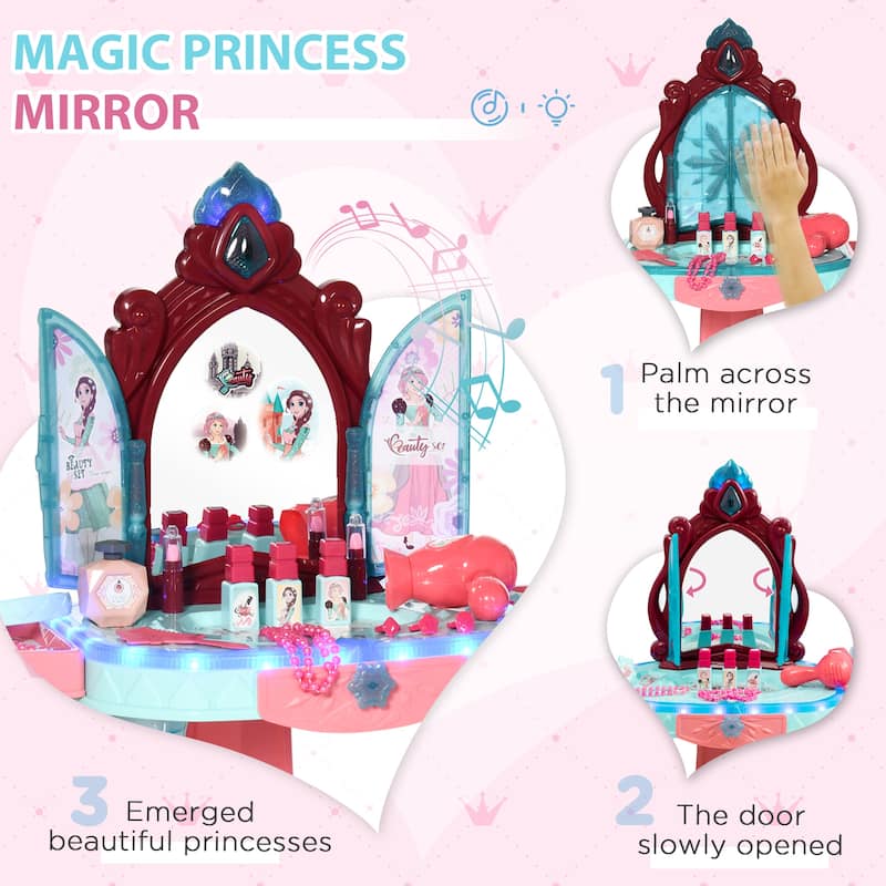 Qaba Self-Opening Mirror Design Kids Vanity Makeup Table Set with Chair and 31-Piece Collection, Imaginative Toy