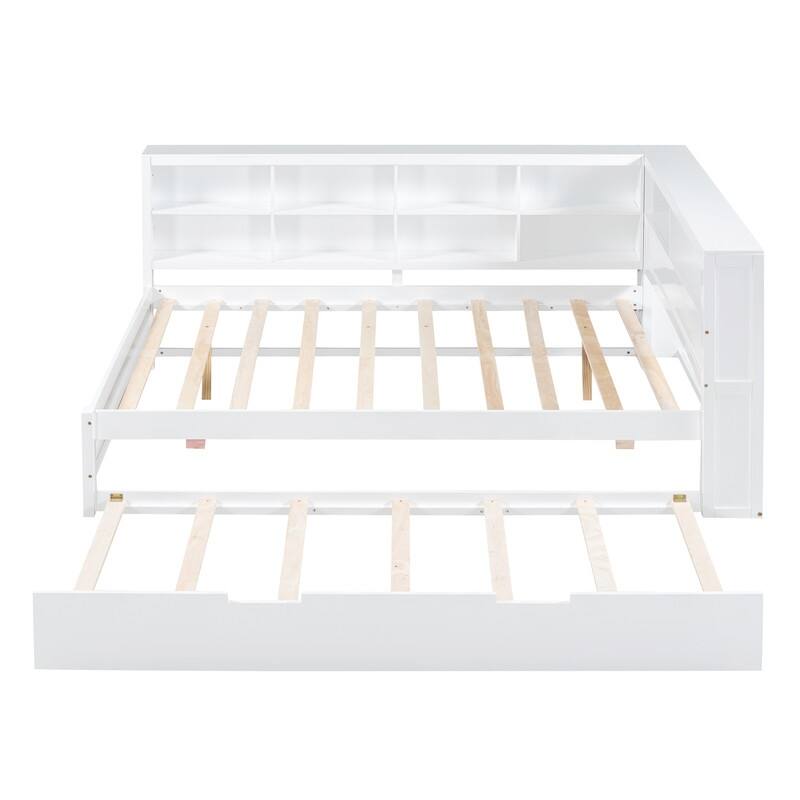 Wooden Full Size DayBed with Twin Size Trundle, DayBed with Storage Shelf and USB Charging Ports