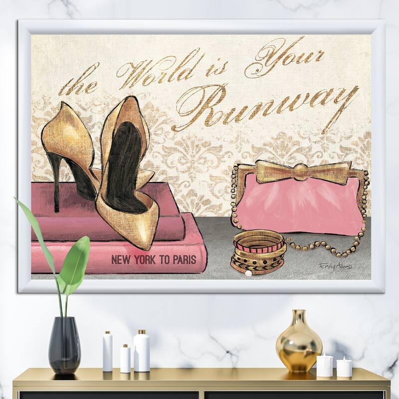 Designart "Gold Fabulous Life Style I" Fashion Framed Art Print - 40 in. wide x 30 in. high - White
