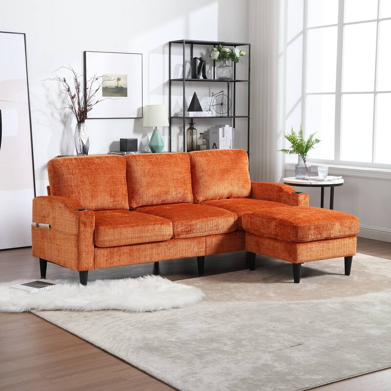 Modular Sectional Sofa with Storage Ottoman, Comfy Chenille Fabric Sofa, 3-Seater Sofa with Side Pockets & 2 Cup Holders