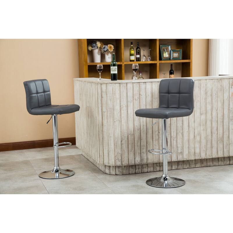Adjustable Hydraulic Swivel Bar Stool Set of 2, Counter Height Faux Leather Bar Chair for Kitchen Island, Dining Room - Gray