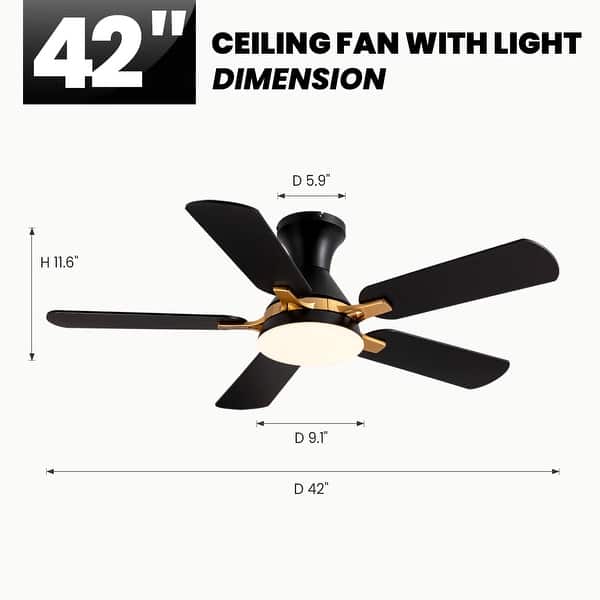 dimension image slide 1 of 2, Industrial Led Ceiling Fan With Lights And Remote, Modern Black And Gold Flush Mount Ceiling Fan With 5 Blades