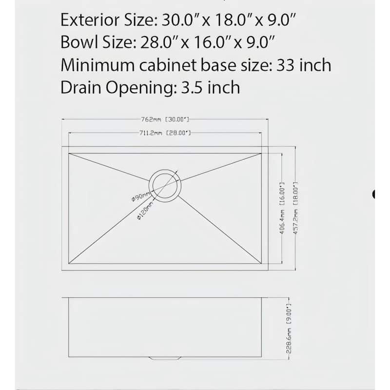 30"x18"x9" Gunmetal Black Undermount Kitchen Sink 16 Gauge Single Bowl with Drain Assembly