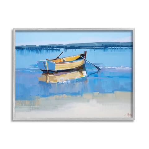 Stupell Industries Row Boat on Blue Coastal Shore Beach Landscape Framed Giclee Texturized Art by Craig Trewin Penny