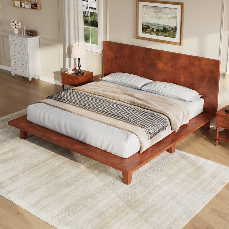 Wooden Platform Bed Frame with Headboard, Rustic Bed Frame with Wood Center Slats Support, No Box Spring Needed, Easy Assembly - Brown - King