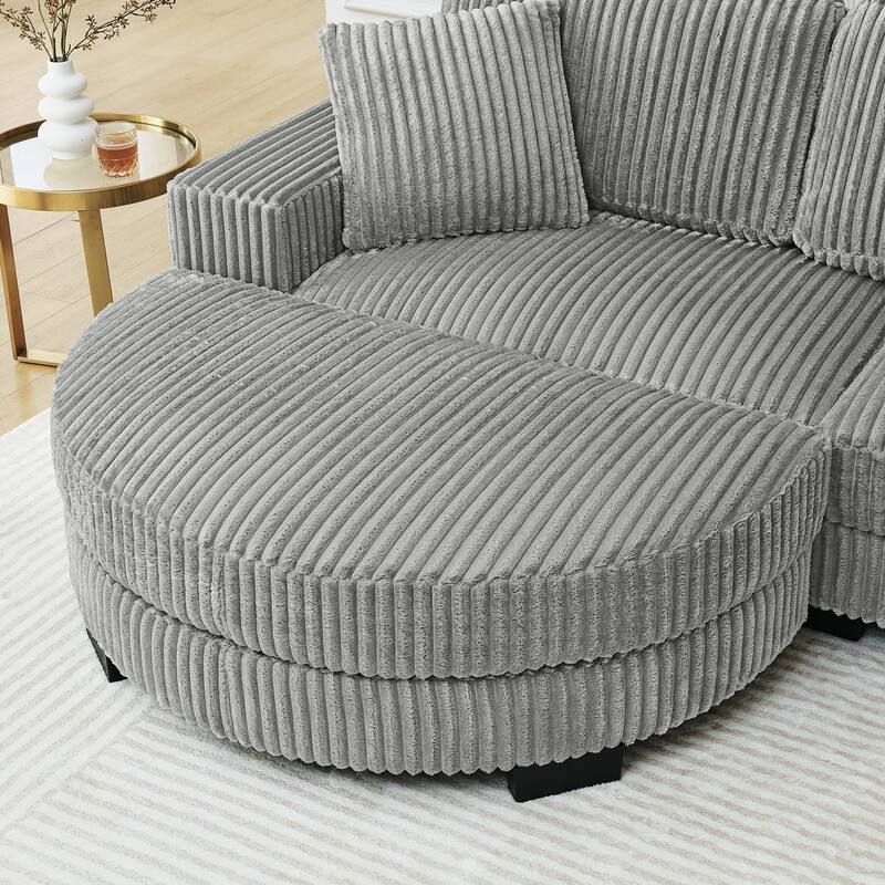 Corduroy Upholstered L-shaped Sectional Sofa, Chaise Lounge Couch with Arc-shaped Ottoman and Removable Cushions for Living Room