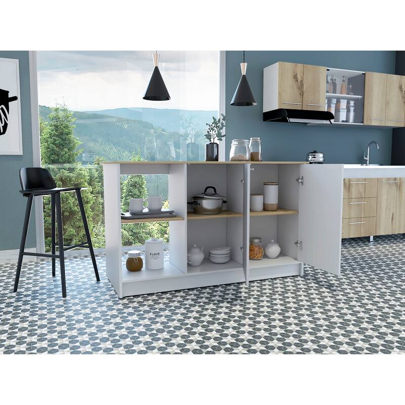 Kitchen Island with Large Countertop, Open Storage Shelves and Double Door Cabinet, White / Light Oak