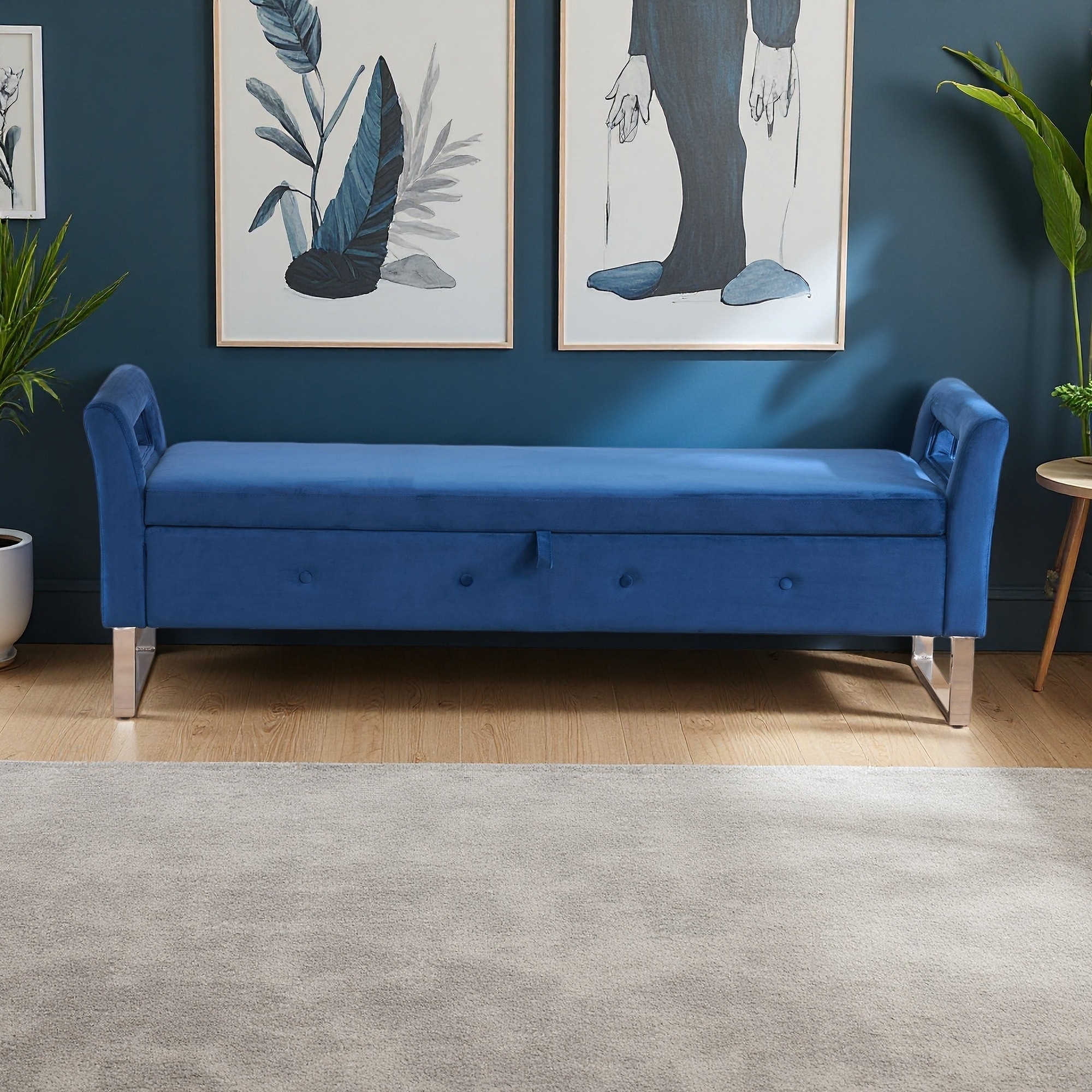 67.9"L Velvet Storage Soft Bench with Armrests, Metal Legs, Hidden Storage, and Foam Padding for Living Room, Entryway, Bedroom