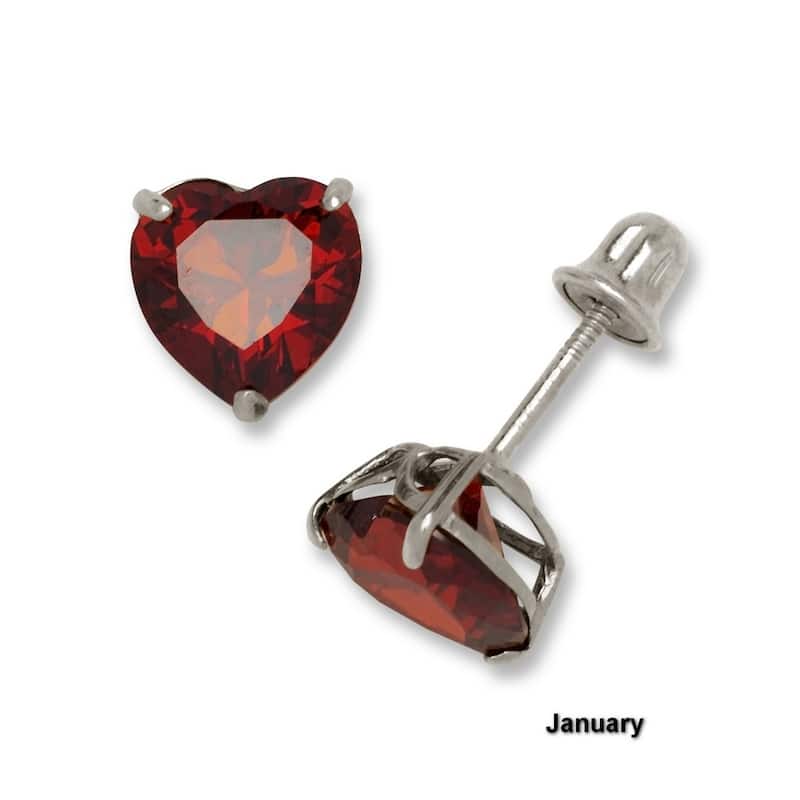 14K White Gold 6mm Heart-shaped Cubic Zircornia Birthstone Basket-Set Solitaire Screw-back Stud Earrings (12 colors)