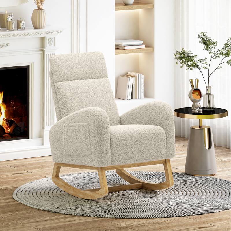 Modern Teddy Fabric Rocking Chair With Right Pocket For Indoor