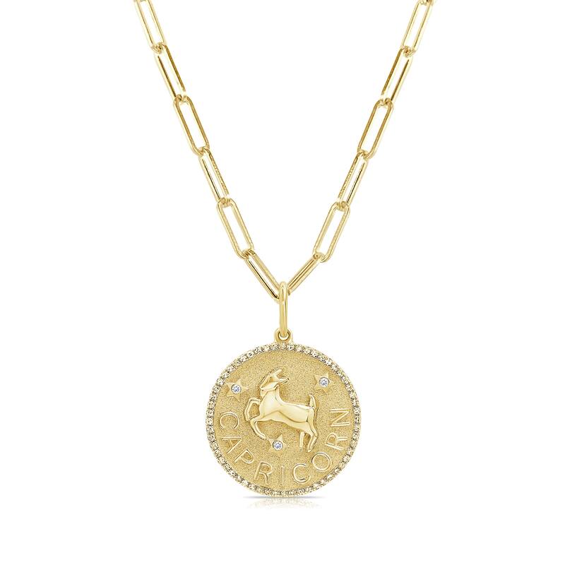 Zodiac Diamond Sign Necklace 14k Gold - Coin Pendant - Yellow Gold Diamond Necklace for Her - Women's Neckace