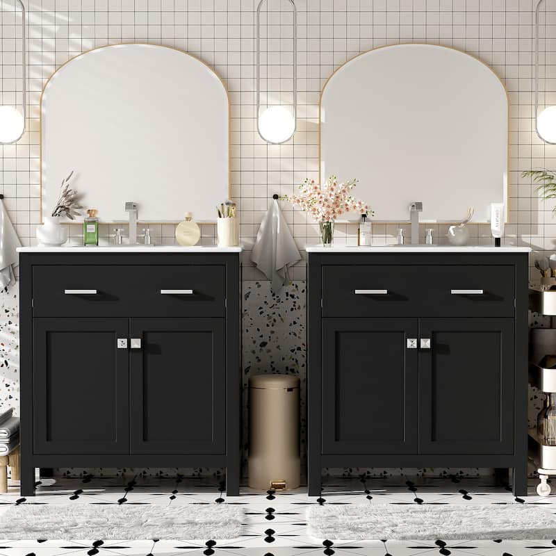 Roomfitters Modern 60" Double Bathroom Vanity Set with Ceramic Sinks, Adjustable Shelf, Soft-Close Doors and Flip Drawer