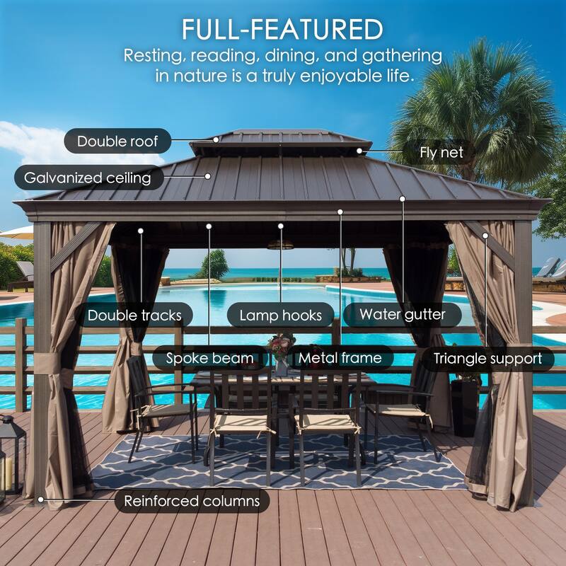 Kozyard Alexander Hardtop Aluminum Gazebo with Mosquito Net and Privacy Curtain